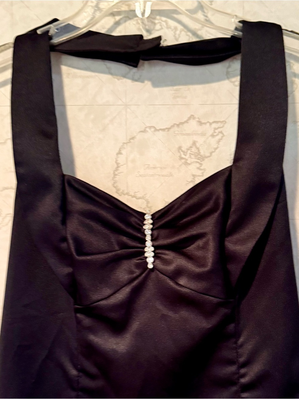 David's Bridal Black Satin A-Line Gown with Jewel Detail - Picture 2 of 7